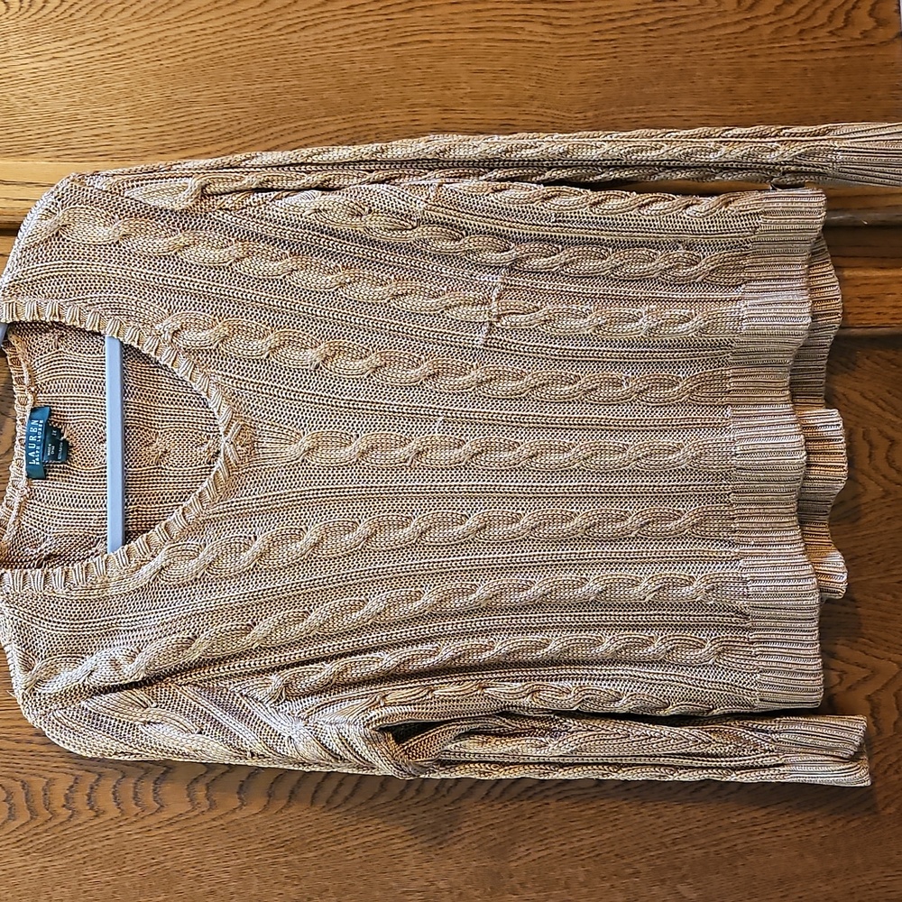 VTG 80's RALPH LAUREN Sweater Womens GOLD Metallic Cable Knit Pullover - 2X